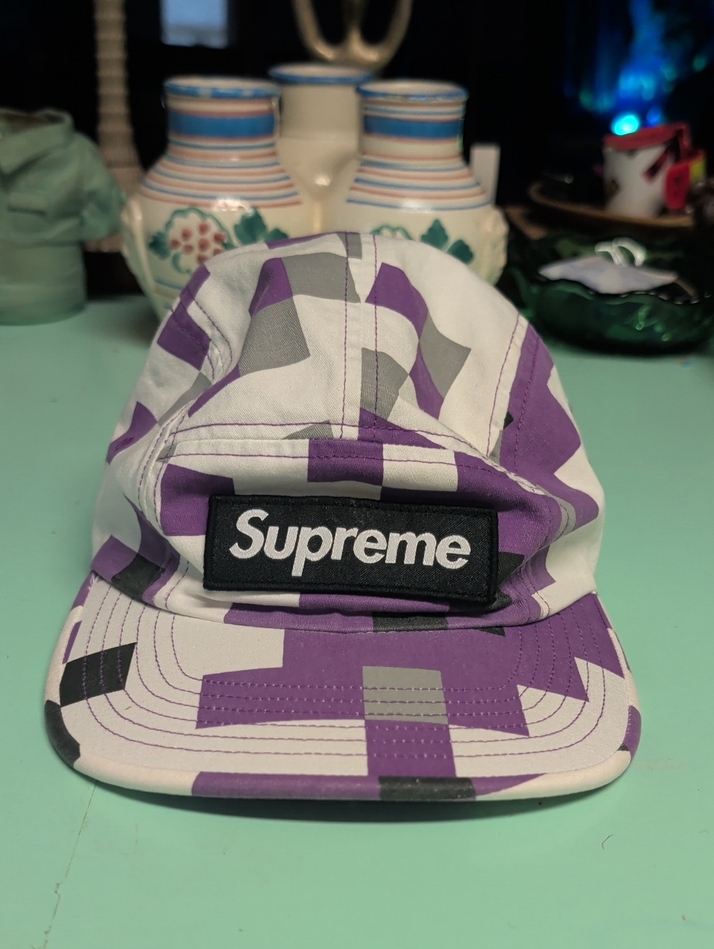 Supreme Purple White Gray Geometric Camp Cap